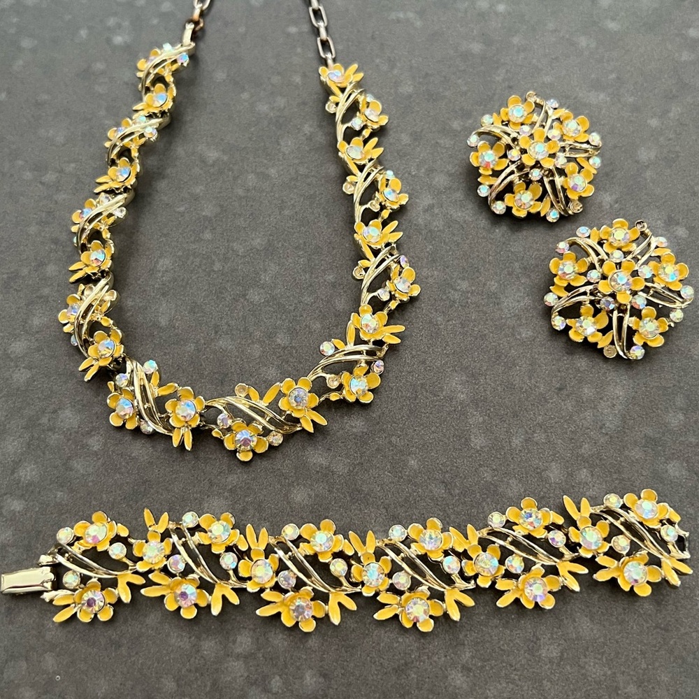 Vintage Yellow Floral Enamel and Gemstone Necklace, Earring, Bracelet Set